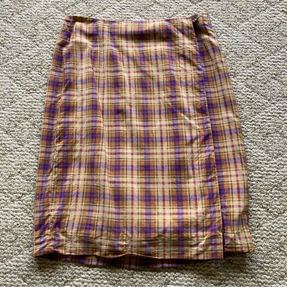 Charter Club Tan & Purple Plaid Silk Wrap-across Skirt 12